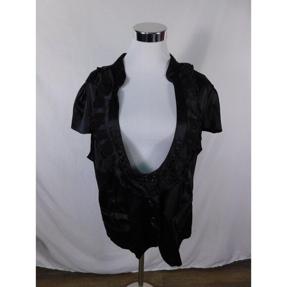 Dots Blazer Womens 2X Black Short Sleeve Ruffle Trim Satin Look Button Front - Picture 2 of 12